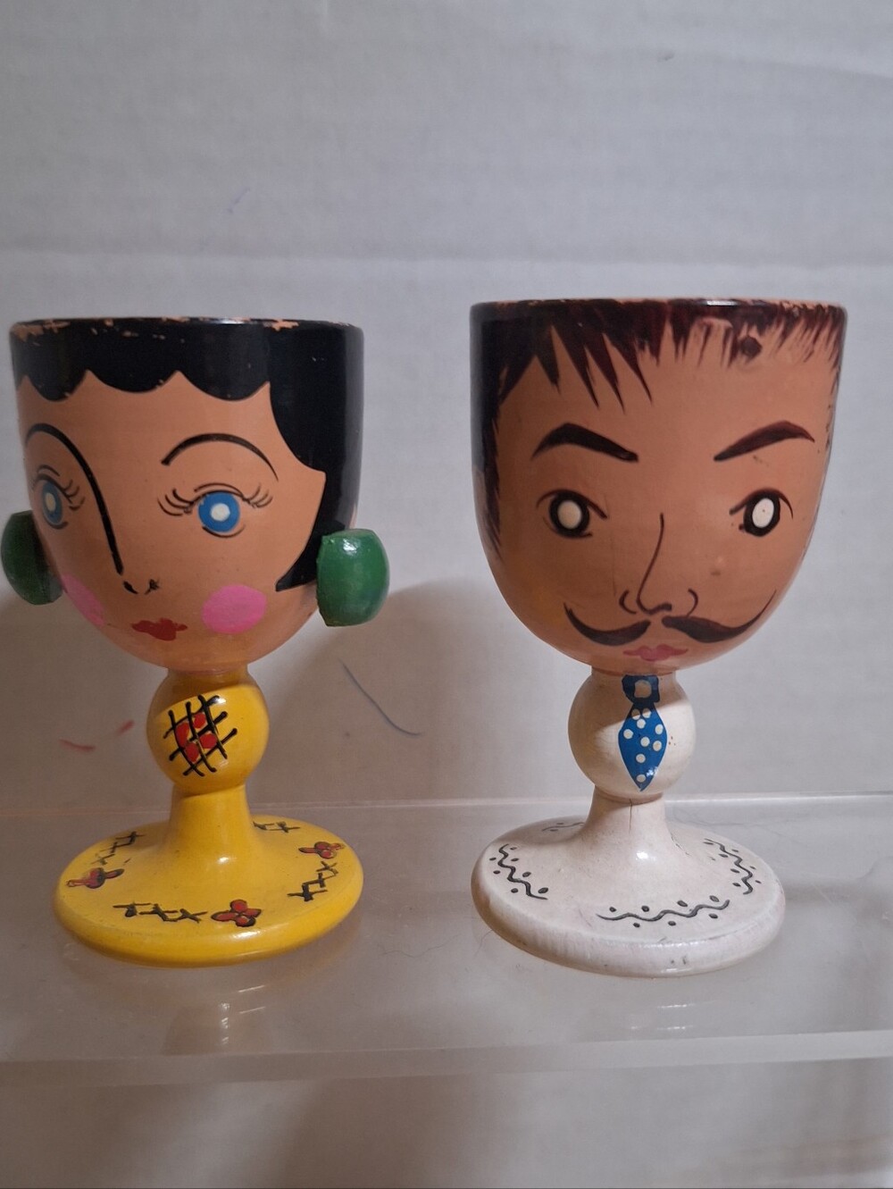 Vintage Wooden Hand Painted Figural Folk Art Mid-century Egg Cups Set Of 2 Japan
